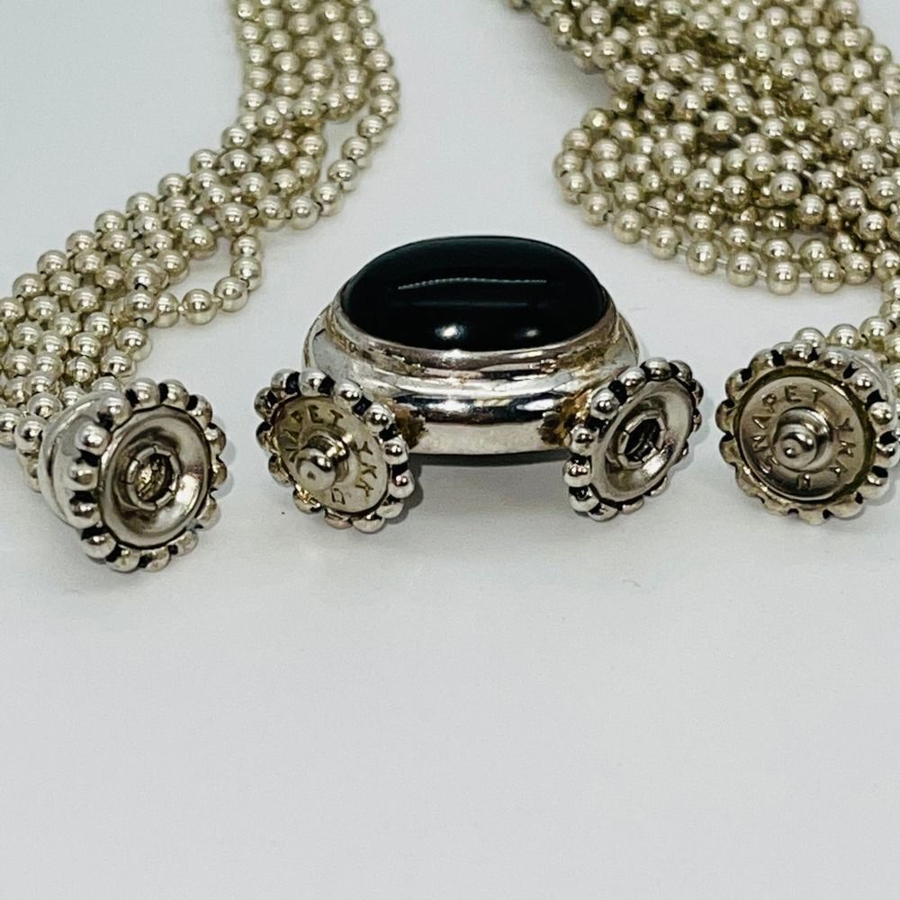 925 Sterling Silver Multi Strands Necklace Onyx & Amber Detachable Pendant - Picture 5 of 10